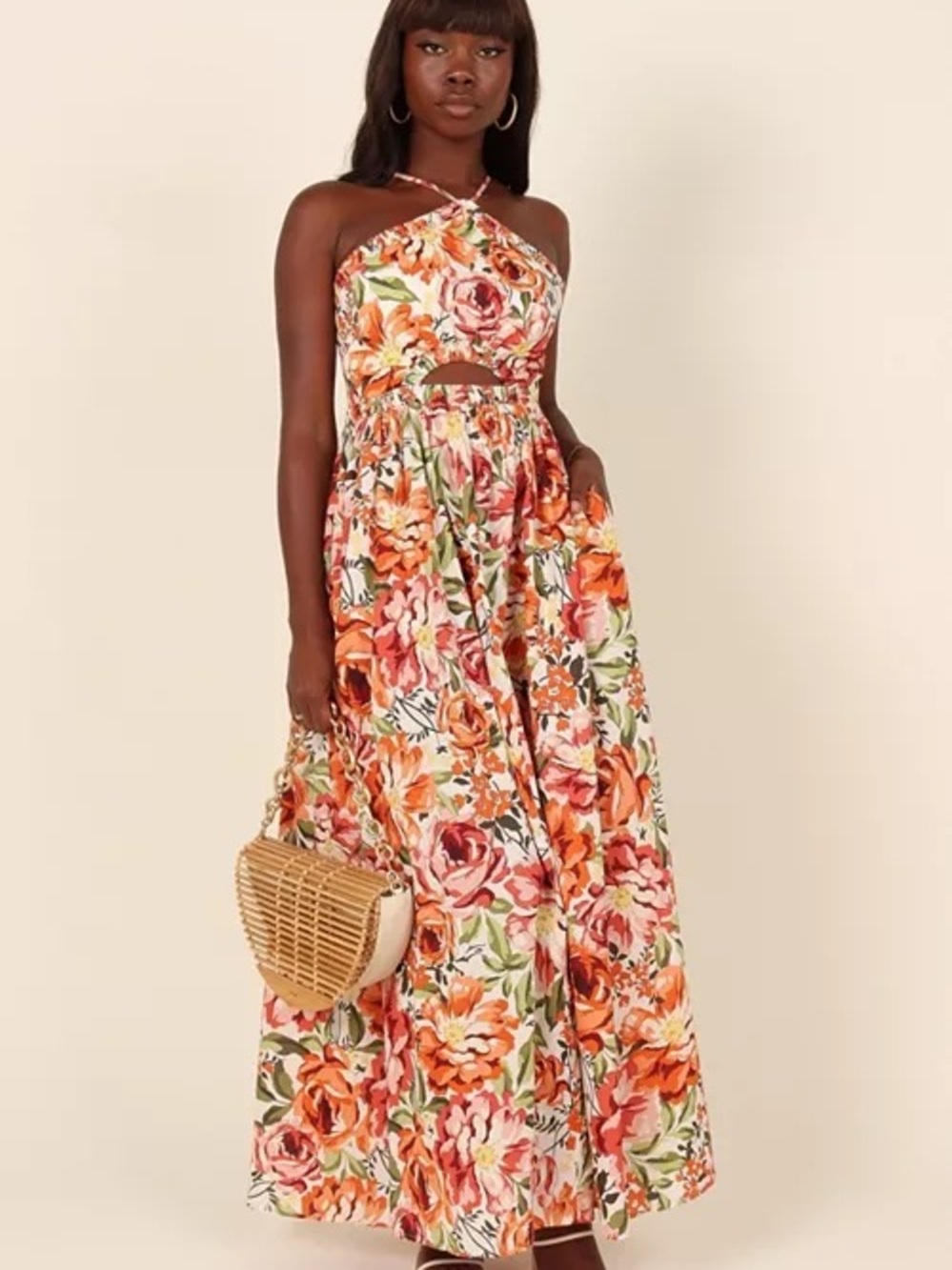 Floral Halter Maxi Dress in Coral & Green